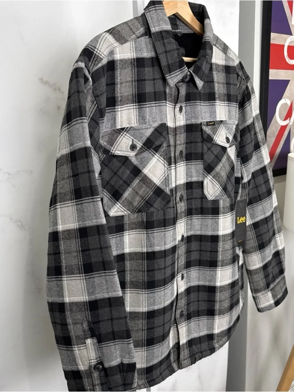 Lee Men’s Sherpa Lined Black/grey Plaid Button Up Shirt Jacket Size L NEW $70
